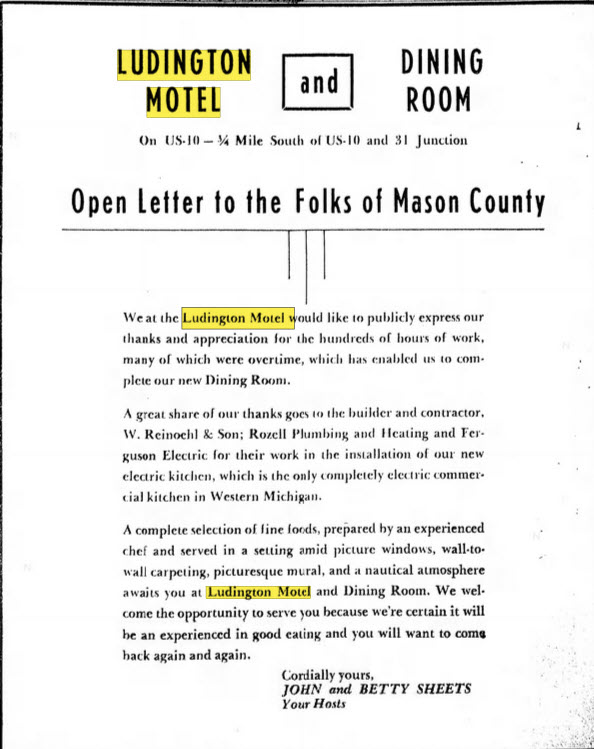 Ludington Motel - 1958 Announcement (newer photo)